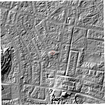 Shaded relief map of the ground around FY53QS, computed from Environment Agency LiDAR. The ground here sits at about 5 m above sea level and falls 6 m across the surrounding 800 m. Surface water reaching this point runs off ground lying to the south-west, 0.7 m higher.