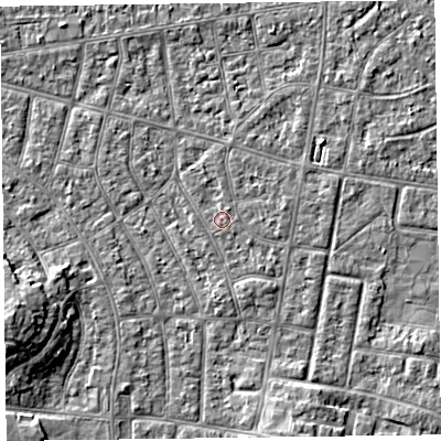 Shaded relief map of the ground around FY53QT, computed from Environment Agency LiDAR. The ground here sits at about 4 m above sea level and falls 6 m across the surrounding 800 m. Surface water reaching this point runs off ground lying to the north-east, 0.7 m higher.