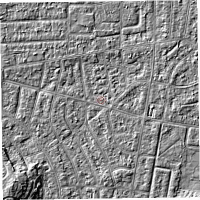 Shaded relief map of the ground around FY53QU, computed from Environment Agency LiDAR. The ground here sits at about 4 m above sea level and falls 6 m across the surrounding 800 m. Surface water reaching this point runs off ground lying to the north-east, 1.2 m higher.