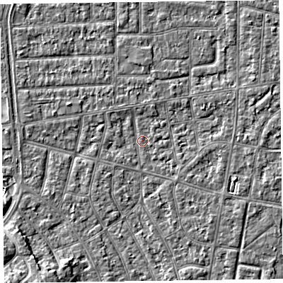 Shaded relief map of the ground around FY53QW, computed from Environment Agency LiDAR. The ground here sits at about 4 m above sea level and falls 5 m across the surrounding 800 m. Surface water reaching this point runs off ground lying to the south-west, 0.7 m higher.
