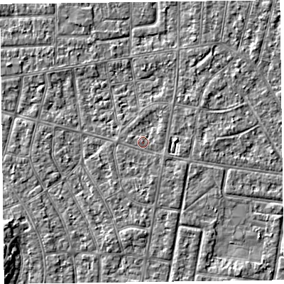 Shaded relief map of the ground around FY53QX, computed from Environment Agency LiDAR. The ground here sits at about 4 m above sea level and falls 3 m across the surrounding 800 m. Surface water reaching this point runs off ground lying to the east, 1.9 m higher.