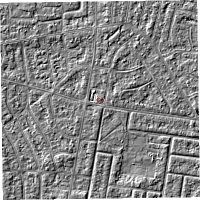 Shaded relief map of the ground around FY53QY, computed from Environment Agency LiDAR. The ground here sits at about 4 m above sea level and falls 2 m across the surrounding 800 m. Surface water reaching this point runs off ground lying to the east-north-east, 1.1 m higher.