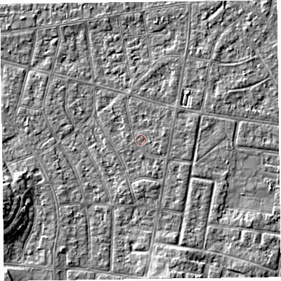 Shaded relief map of the ground around FY53QZ, computed from Environment Agency LiDAR. The ground here sits at about 4 m above sea level and falls 5 m across the surrounding 800 m. Surface water reaching this point runs off ground lying to the east-north-east, 0.6 m higher.