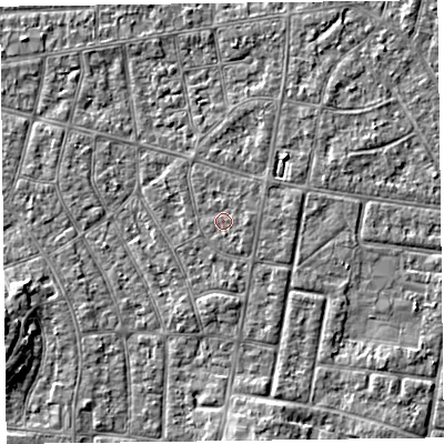 Shaded relief map of the ground around FY53RA, computed from Environment Agency LiDAR. The ground here sits at about 4 m above sea level and falls 4 m across the surrounding 800 m. Surface water reaching this point runs off ground lying to the south-east, 0.6 m higher.
