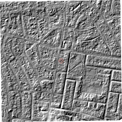 Shaded relief map of the ground around FY53RB, computed from Environment Agency LiDAR. The ground here sits at about 4 m above sea level and falls 3 m across the surrounding 800 m. Surface water reaching this point runs off ground lying to the east-north-east, 0.6 m higher.