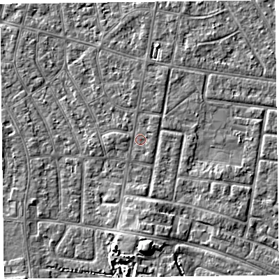 Shaded relief map of the ground around FY53RD, computed from Environment Agency LiDAR. The ground here sits at about 4 m above sea level and falls 6 m across the surrounding 800 m. Surface water reaching this point runs off ground lying to the west, 0.8 m higher.