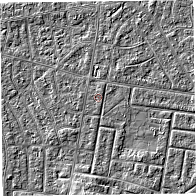 Shaded relief map of the ground around FY53RE, computed from Environment Agency LiDAR. The ground here sits at about 4 m above sea level and falls 3 m across the surrounding 800 m. Surface water reaching this point runs off ground lying to the north-east, 0.6 m higher.