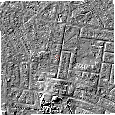 Shaded relief map of the ground around FY53RF, computed from Environment Agency LiDAR. The ground here sits at about 4 m above sea level and falls 6 m across the surrounding 800 m. Surface water reaching this point runs off ground lying to the south, 5.8 m higher.