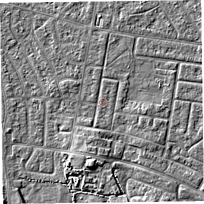 Shaded relief map of the ground around FY53RG, computed from Environment Agency LiDAR. The ground here sits at about 4 m above sea level and falls 6 m across the surrounding 800 m. Surface water reaching this point runs off ground lying to the south, 5.8 m higher.