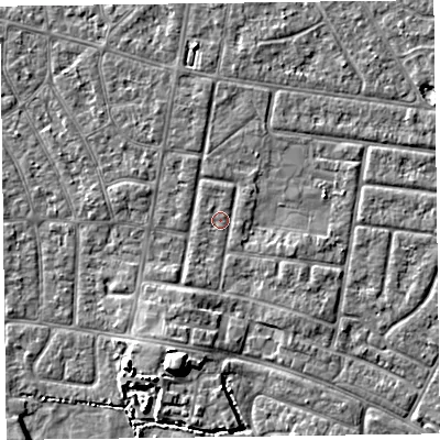Shaded relief map of the ground around FY53RH, computed from Environment Agency LiDAR. The ground here sits at about 4 m above sea level and falls 6 m across the surrounding 800 m. Surface water reaching this point runs off ground lying to the south-south-west, 5.8 m higher.