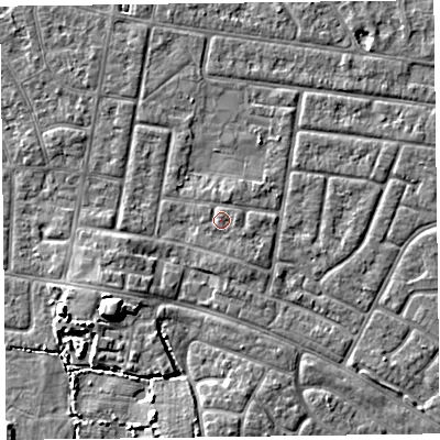 Shaded relief map of the ground around FY53RJ, computed from Environment Agency LiDAR. The ground here sits at about 5 m above sea level and falls 6 m across the surrounding 800 m. Surface water reaching this point runs off ground lying to the north-north-east, 0.9 m higher.