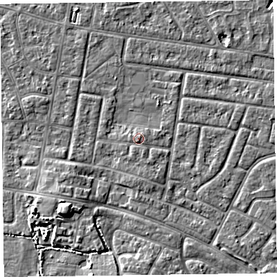 Shaded relief map of the ground around FY53RL, computed from Environment Agency LiDAR. The ground here sits at about 5 m above sea level and falls 7 m across the surrounding 800 m. Surface water reaching this point runs off ground lying to the south, 0.7 m higher.