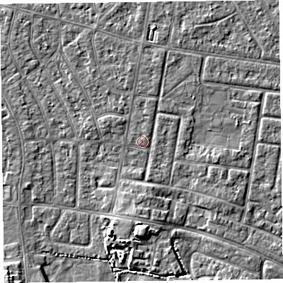 Shaded relief map of the ground around FY53RN, computed from Environment Agency LiDAR. The ground here sits at about 4 m above sea level and falls 6 m across the surrounding 800 m. Surface water reaching this point runs off ground lying to the south, 5.8 m higher.