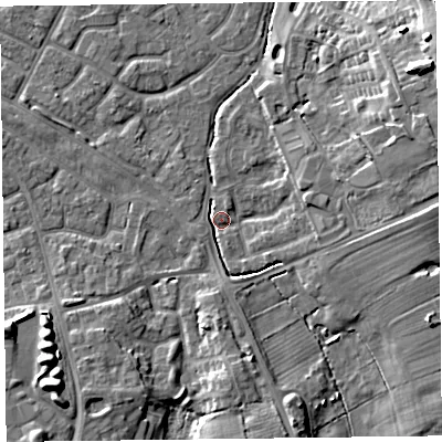 Shaded relief map of the ground around FY53RP, computed from Environment Agency LiDAR. The ground here sits at about 4 m above sea level and falls 12 m across the surrounding 800 m. Surface water reaching this point runs off ground lying to the east-north-east, 9.5 m higher.