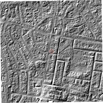 Shaded relief map of the ground around FY53RQ, computed from Environment Agency LiDAR. The ground here sits at about 4 m above sea level and falls 6 m across the surrounding 800 m. Surface water reaching this point runs off ground lying to the north-east, 0.6 m higher.