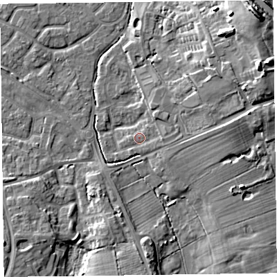 Shaded relief map of the ground around FY53RR, computed from Environment Agency LiDAR. The ground here sits at about 5 m above sea level and falls 15 m across the surrounding 800 m. Surface water reaching this point runs off ground lying to the east, 1.7 m higher.