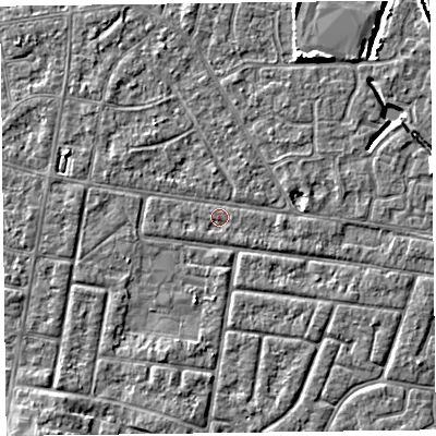 Shaded relief map of the ground around FY53RS, computed from Environment Agency LiDAR. The ground here sits at about 4 m above sea level and falls 5 m across the surrounding 800 m. Surface water reaching this point runs off ground lying to the north, 1.8 m higher.