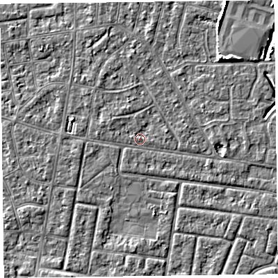 Shaded relief map of the ground around FY53RT, computed from Environment Agency LiDAR. The ground here sits at about 4 m above sea level and falls 5 m across the surrounding 800 m. Surface water reaching this point runs off ground lying to the north-north-west, 1.1 m higher.