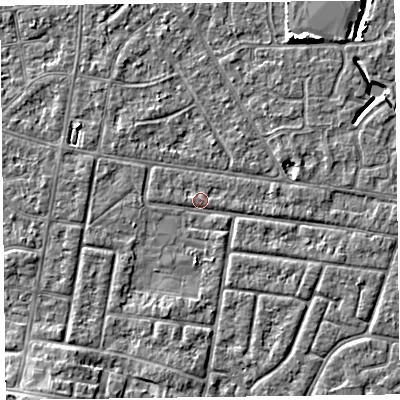 Shaded relief map of the ground around FY53RU, computed from Environment Agency LiDAR. The ground here sits at about 4 m above sea level and falls 5 m across the surrounding 800 m. Surface water reaching this point runs off ground lying to the east-north-east, 1.7 m higher.