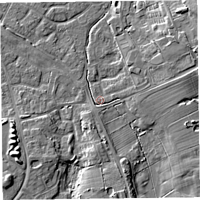 Shaded relief map of the ground around FY53RW, computed from Environment Agency LiDAR. The ground here sits at about 5 m above sea level and falls 12 m across the surrounding 800 m. Surface water reaching this point runs off ground lying to the east-north-east, 2.1 m higher.