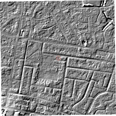 Shaded relief map of the ground around FY53RX, computed from Environment Agency LiDAR. The ground here sits at about 4 m above sea level and falls 7 m across the surrounding 800 m. Surface water reaching this point runs off ground lying to the east-north-east, 1.7 m higher.