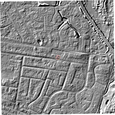 Shaded relief map of the ground around FY53RY, computed from Environment Agency LiDAR. The ground here sits at about 4 m above sea level and falls 5 m across the surrounding 800 m. Surface water reaching this point runs off ground lying to the east, 1.3 m higher.