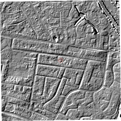 Shaded relief map of the ground around FY53RZ, computed from Environment Agency LiDAR. The ground here sits at about 4 m above sea level and falls 4 m across the surrounding 800 m. Surface water reaching this point runs off ground lying to the east-north-east, 1.6 m higher.