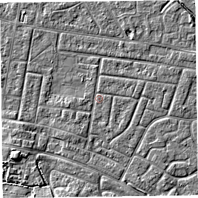 Shaded relief map of the ground around FY53SA, computed from Environment Agency LiDAR. The ground here sits at about 4 m above sea level and falls 7 m across the surrounding 800 m. Surface water reaching this point runs off ground lying to the south-west, 1.2 m higher.