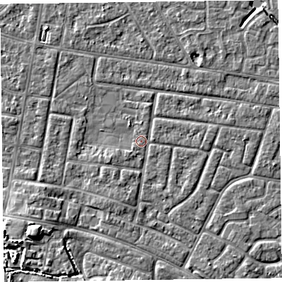 Shaded relief map of the ground around FY53SB, computed from Environment Agency LiDAR. The ground here sits at about 4 m above sea level and falls 7 m across the surrounding 800 m. Surface water reaching this point runs off ground lying to the south-south-west, 1.2 m higher.