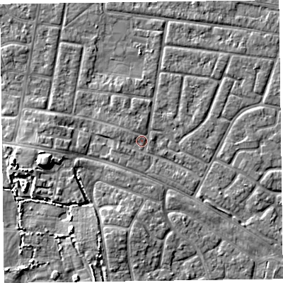 Shaded relief map of the ground around FY53SD, computed from Environment Agency LiDAR. The ground here sits at about 4 m above sea level and falls 6 m across the surrounding 800 m. Surface water reaching this point runs off ground lying to the west-north-west, 0.9 m higher.