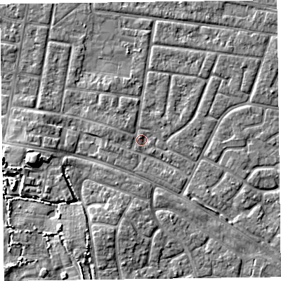 Shaded relief map of the ground around FY53SE, computed from Environment Agency LiDAR. The ground here sits at about 4 m above sea level and falls 6 m across the surrounding 800 m. Surface water reaching this point runs off ground lying to the south-east, 1.5 m higher.
