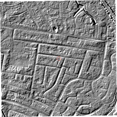 Shaded relief map of the ground around FY53SF, computed from Environment Agency LiDAR. The ground here sits at about 4 m above sea level and falls 4 m across the surrounding 800 m. Surface water reaching this point runs off ground lying to the south, 0.8 m higher.
