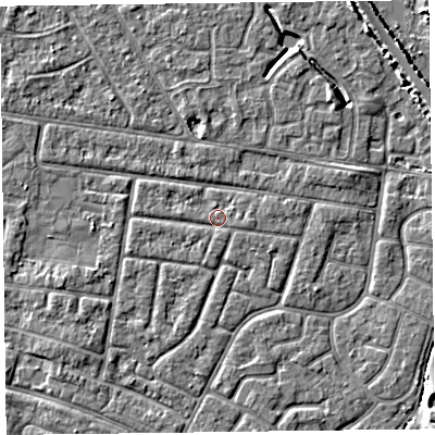 Shaded relief map of the ground around FY53SG, computed from Environment Agency LiDAR. The ground here sits at about 4 m above sea level and falls 4 m across the surrounding 800 m. Surface water reaching this point runs off ground lying to the east-north-east, 1.6 m higher.