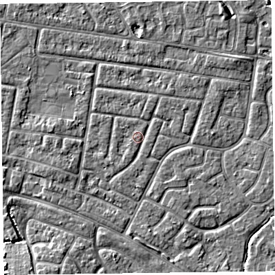 Shaded relief map of the ground around FY53SH, computed from Environment Agency LiDAR. The ground here sits at about 4 m above sea level and falls 4 m across the surrounding 800 m. Surface water reaching this point runs off ground lying to the south-west, 0.7 m higher.