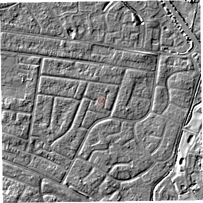 Shaded relief map of the ground around FY53SJ, computed from Environment Agency LiDAR. The ground here sits at about 4 m above sea level and falls 4 m across the surrounding 800 m. Surface water reaching this point runs off ground lying to the north, 0.7 m higher.