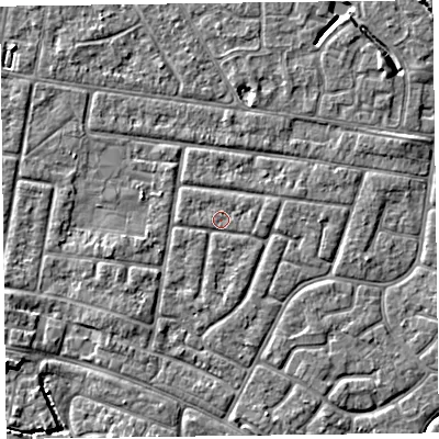 Shaded relief map of the ground around FY53SL, computed from Environment Agency LiDAR. The ground here sits at about 4 m above sea level and falls 5 m across the surrounding 800 m. Surface water reaching this point runs off ground lying to the east, 0.8 m higher.