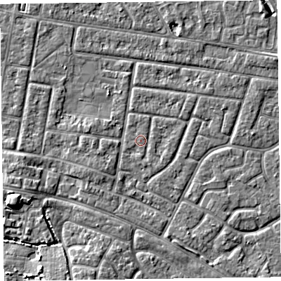 Shaded relief map of the ground around FY53SN, computed from Environment Agency LiDAR. The ground here sits at about 4 m above sea level and falls 7 m across the surrounding 800 m. Surface water reaching this point runs off ground lying to the north-east, 0.8 m higher.