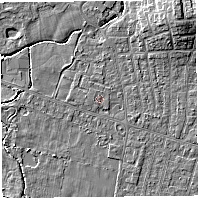 Shaded relief map of the ground around FY53SP, computed from Environment Agency LiDAR. The ground here sits at about 5 m above sea level and falls 9 m across the surrounding 800 m. Surface water reaching this point runs off ground lying to the west-south-west, 0.6 m higher.