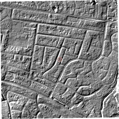 Shaded relief map of the ground around FY53SQ, computed from Environment Agency LiDAR. The ground here sits at about 4 m above sea level and falls 4 m across the surrounding 800 m. Surface water reaching this point runs off ground lying to the south, 1.5 m higher.