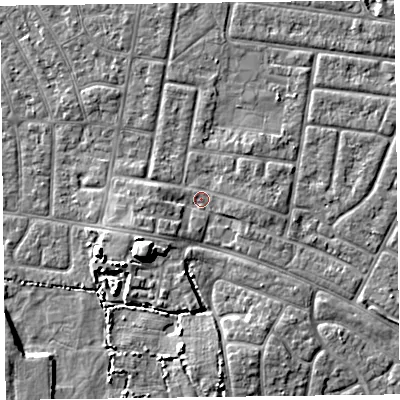 Shaded relief map of the ground around FY53SS, computed from Environment Agency LiDAR. The ground here sits at about 4 m above sea level and falls 6 m across the surrounding 800 m. Surface water reaching this point runs off ground lying to the south-west, 5.8 m higher.