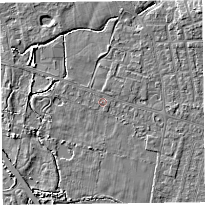 Shaded relief map of the ground around FY53ST, computed from Environment Agency LiDAR. The ground here sits at about 5 m above sea level and falls 7 m across the surrounding 800 m. The ground contributing surface water to this point lies to the south-west.