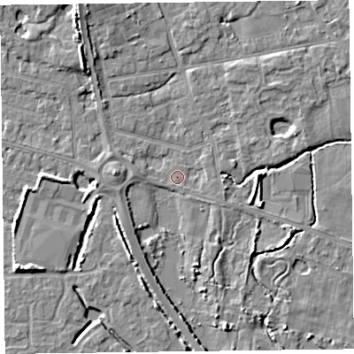 Shaded relief map of the ground around FY53SU, computed from Environment Agency LiDAR. The ground here sits at about 4 m above sea level and falls 6 m across the surrounding 800 m. Surface water reaching this point runs off ground lying to the west-south-west, 0.6 m higher.