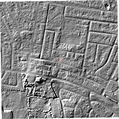 Shaded relief map of the ground around FY53SW, computed from Environment Agency LiDAR. The ground here sits at about 4 m above sea level and falls 6 m across the surrounding 800 m. Surface water reaching this point runs off ground lying to the east-north-east, 1.3 m higher.