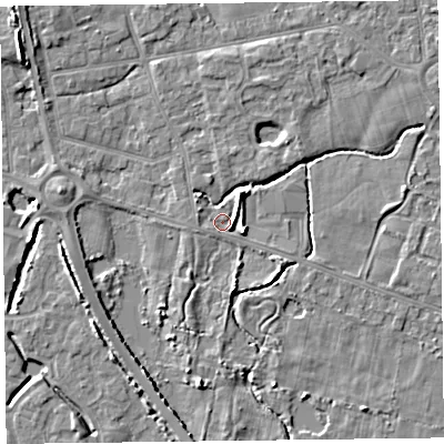 Shaded relief map of the ground around FY53SX, computed from Environment Agency LiDAR. The ground here sits at about 4 m above sea level and falls 6 m across the surrounding 800 m. Surface water reaching this point runs off ground lying to the east-south-east, 3.8 m higher.