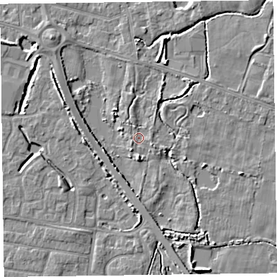 Shaded relief map of the ground around FY53SY, computed from Environment Agency LiDAR. The ground here sits at about 5 m above sea level and falls 5 m across the surrounding 800 m. Surface water reaching this point runs off ground lying to the north-north-west, 0.8 m higher.