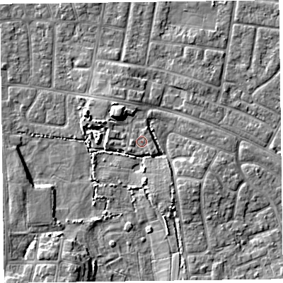 Shaded relief map of the ground around FY53TF, computed from Environment Agency LiDAR. The ground here sits at about 6 m above sea level and falls 6 m across the surrounding 800 m. Surface water reaching this point runs off ground lying to the west, 0.7 m higher.