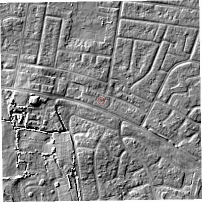 Shaded relief map of the ground around FY53TG, computed from Environment Agency LiDAR. The ground here sits at about 4 m above sea level and falls 6 m across the surrounding 800 m. The ground contributing surface water to this point lies to the north-north-west.