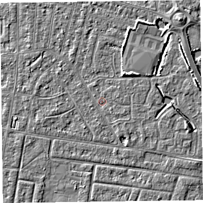 Shaded relief map of the ground around FY53TH, computed from Environment Agency LiDAR. The ground here sits at about 4 m above sea level and falls 5 m across the surrounding 800 m. Surface water reaching this point runs off ground lying to the north-east, 4.7 m higher.