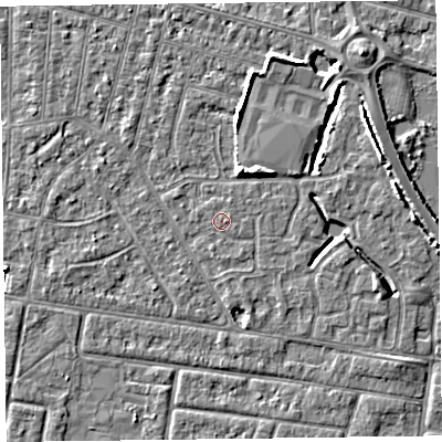 Shaded relief map of the ground around FY53TJ, computed from Environment Agency LiDAR. The ground here sits at about 5 m above sea level and falls 5 m across the surrounding 800 m. Surface water reaching this point runs off ground lying to the east, 0.5 m higher.