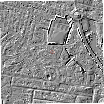 Shaded relief map of the ground around FY53TL, computed from Environment Agency LiDAR. The ground here sits at about 5 m above sea level and falls 5 m across the surrounding 800 m. The ground contributing surface water to this point lies to the west-south-west.